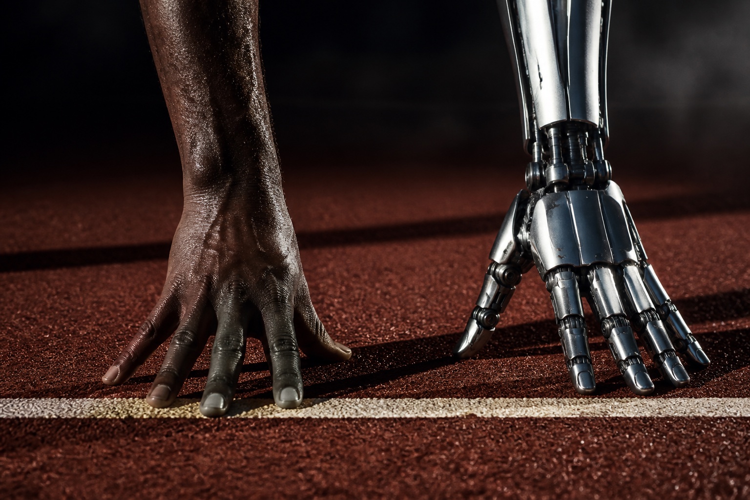 A human sprinter's hand and a chrome robot hand set together at a track starting line
